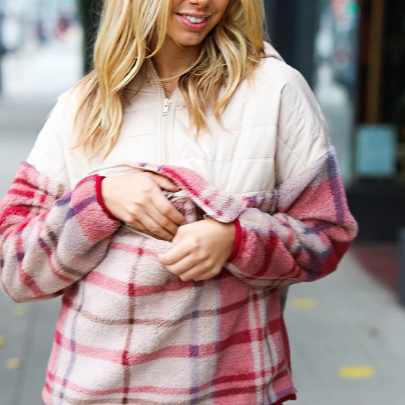 Taupe & Pink Half-Zip Plaid Hooded Sherpa Fleece & Puffer Winter Woman  Pullover - Picture 14 of 16